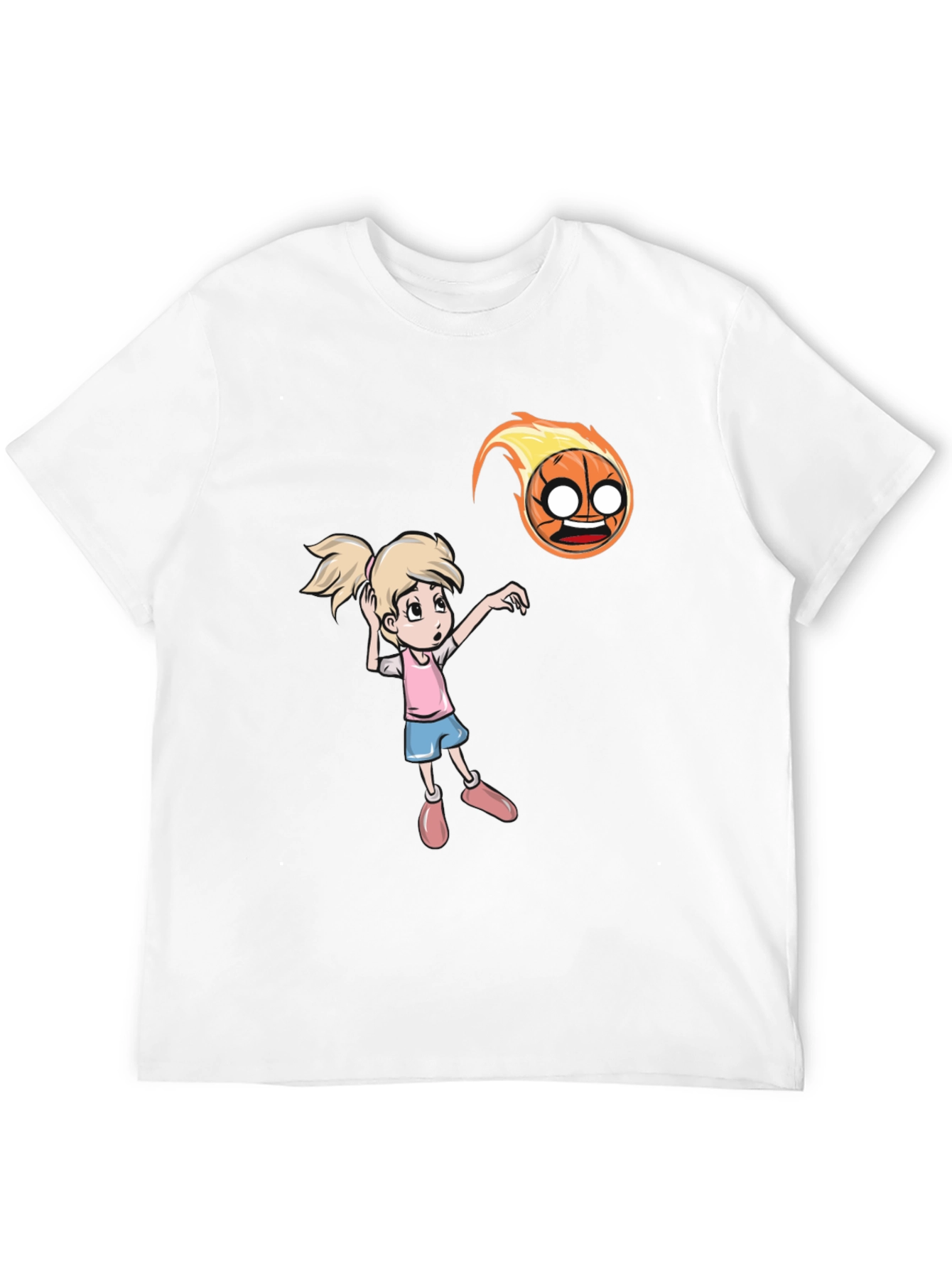 Cartoon Girl vs Flaming Basketball T-Shirt