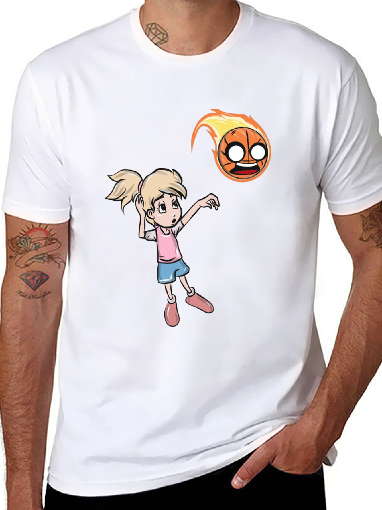 Cartoon Girl vs Flaming Basketball T-Shirt