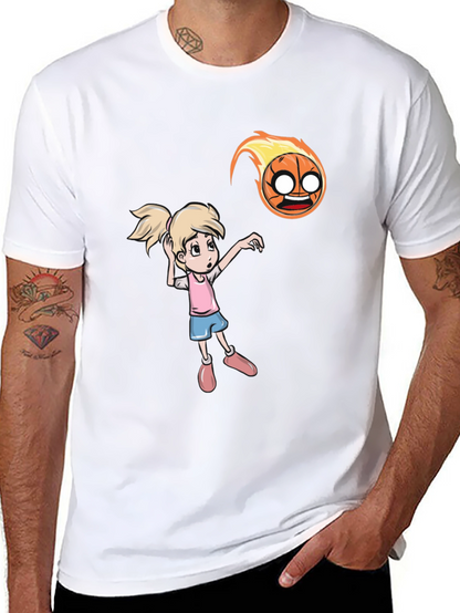 Cartoon Girl vs Flaming Basketball T-Shirt