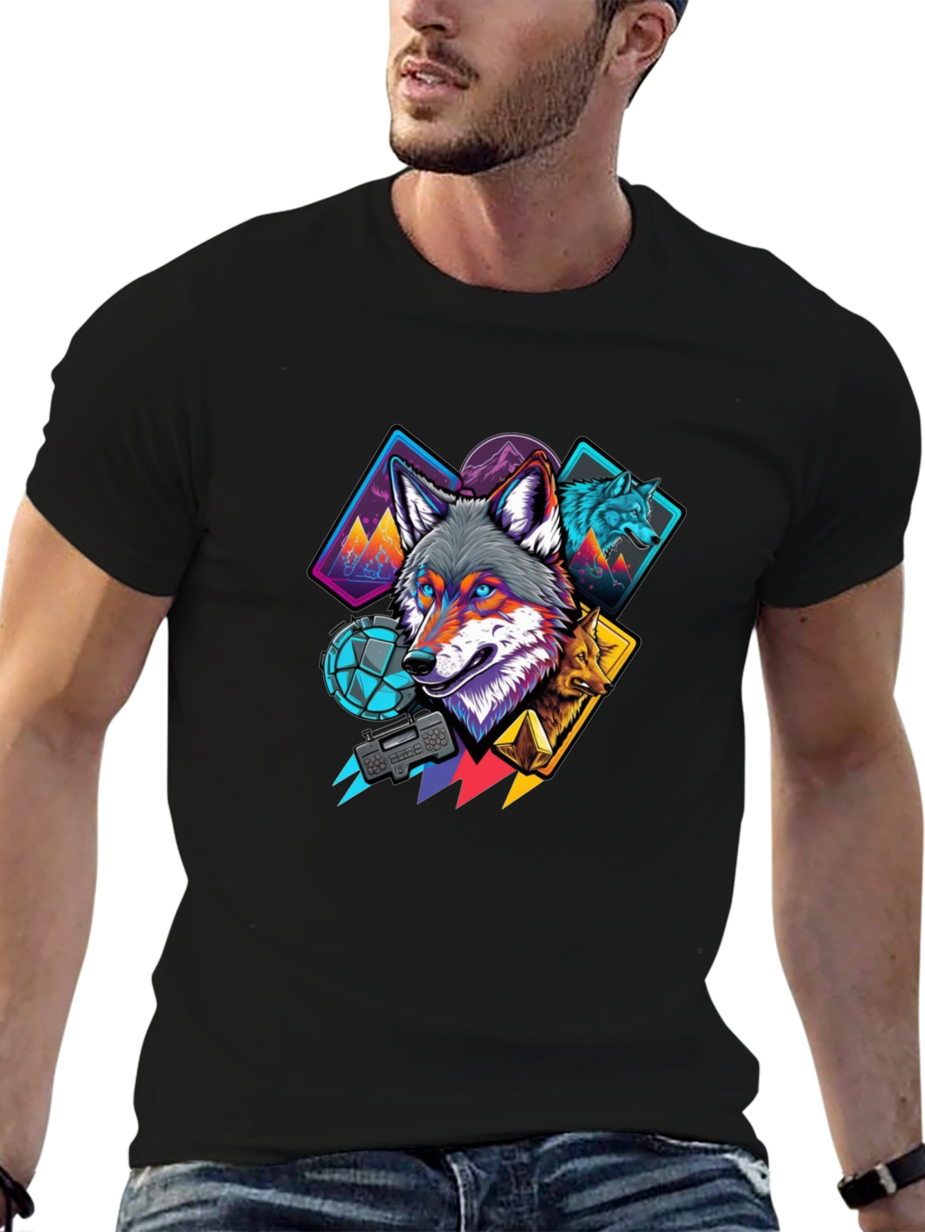 Wolf Graphic Print Mens Black T-Shirt