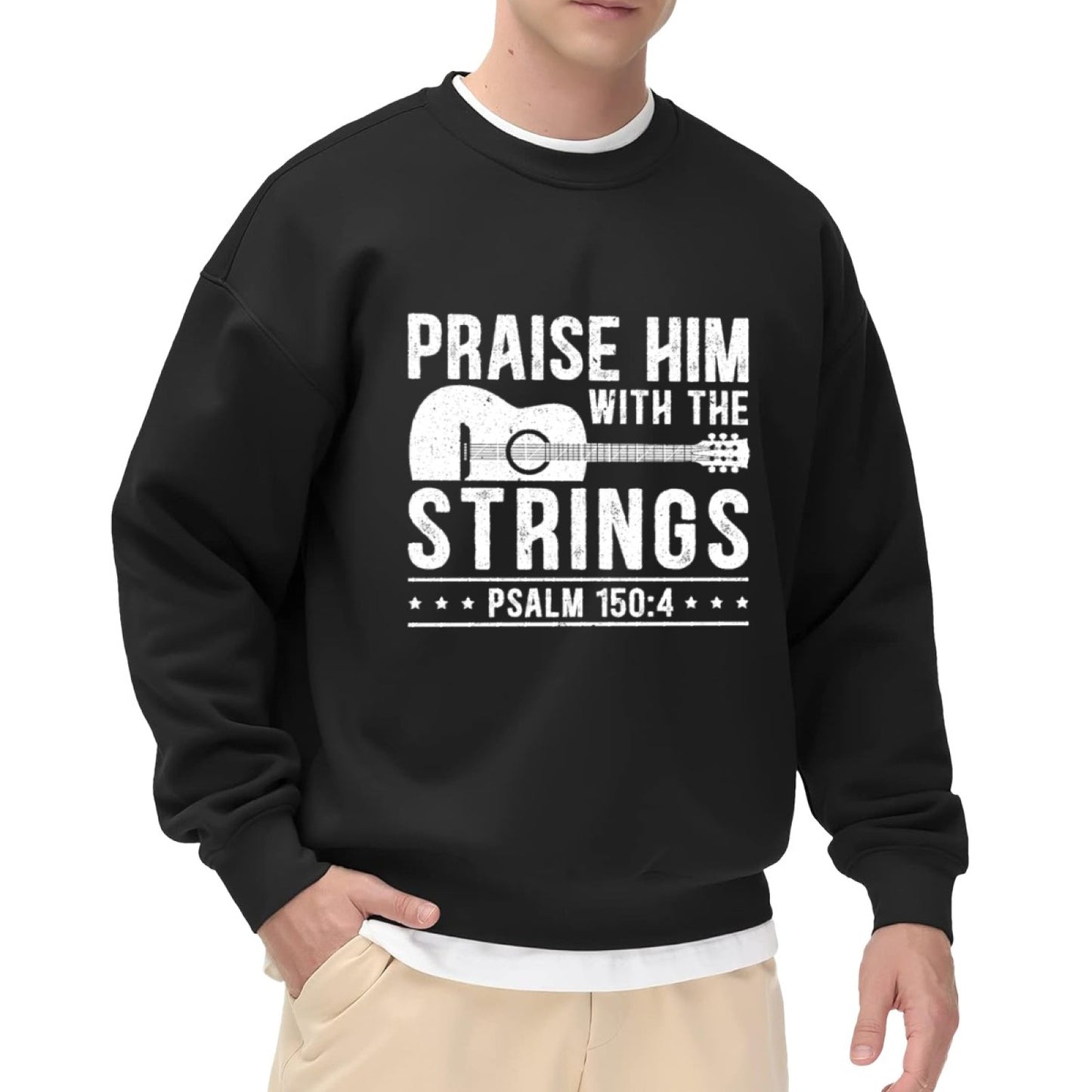 Black Crewneck Sweatshirt "Praise Him With The Strings" Guitar Graphic - Religious Music Statement Pullover for Men, Casual Oversized Long-Sleeve Top