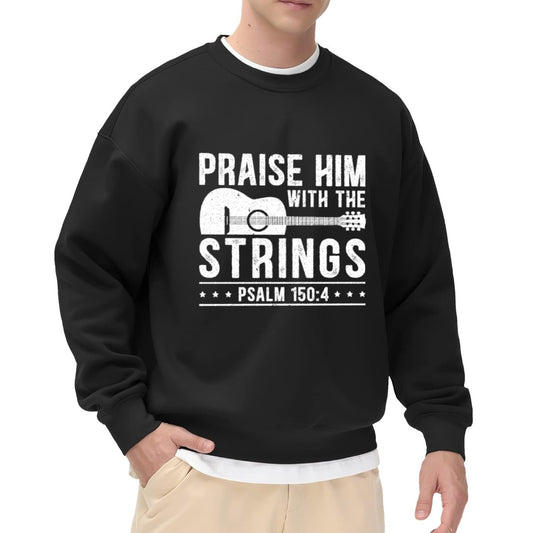 Black Crewneck Sweatshirt "Praise Him With The Strings" Guitar Graphic - Religious Music Statement Pullover for Men, Casual Oversized Long-Sleeve Top