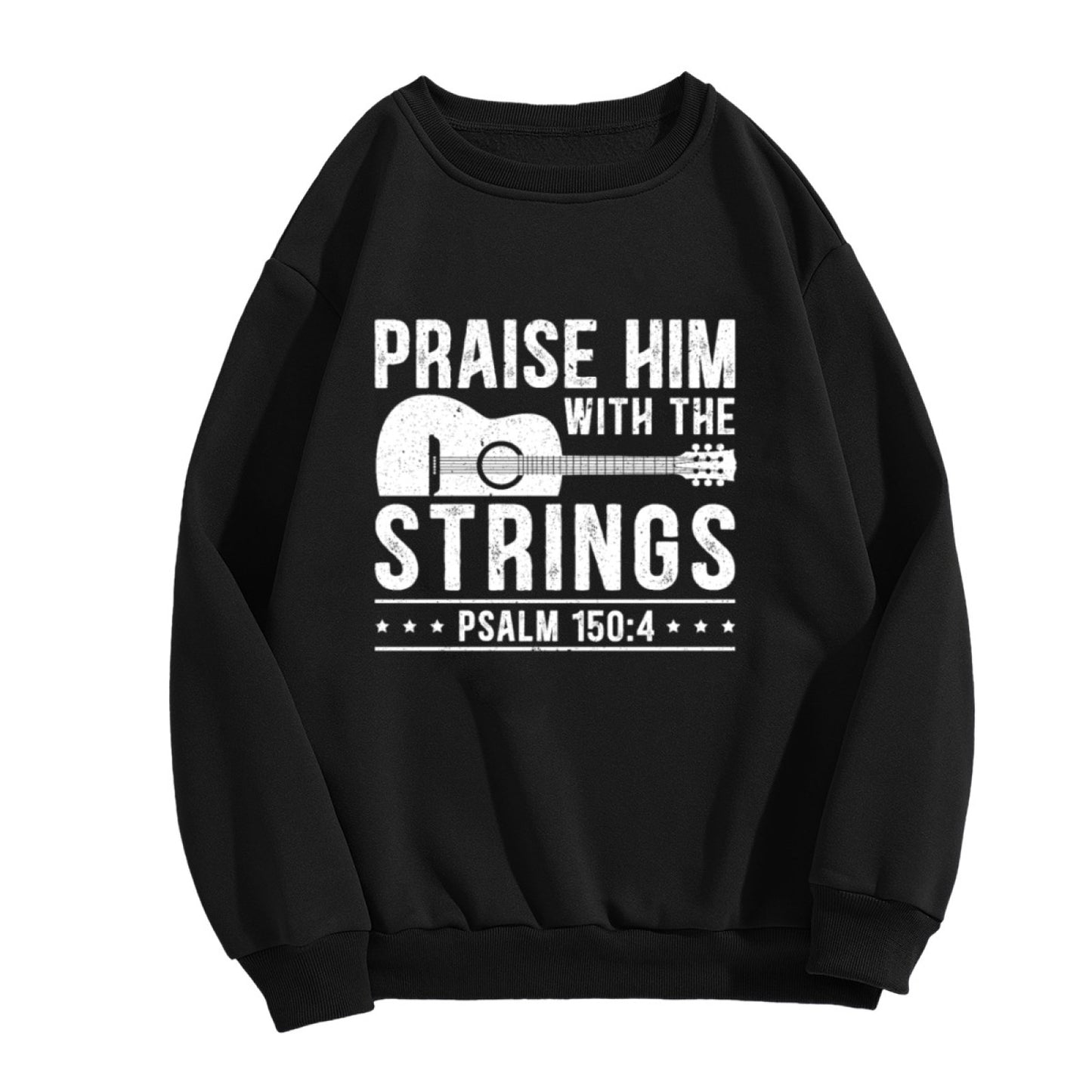 Black Crewneck Sweatshirt "Praise Him With The Strings" Guitar Graphic - Religious Music Statement Pullover for Men, Casual Oversized Long-Sleeve Top