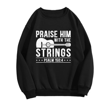 Black Crewneck Sweatshirt "Praise Him With The Strings" Guitar Graphic - Religious Music Statement Pullover for Men, Casual Oversized Long-Sleeve Top
