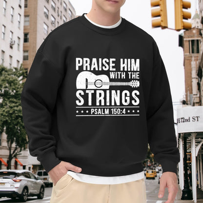 Black Crewneck Sweatshirt "Praise Him With The Strings" Guitar Graphic - Religious Music Statement Pullover for Men, Casual Oversized Long-Sleeve Top