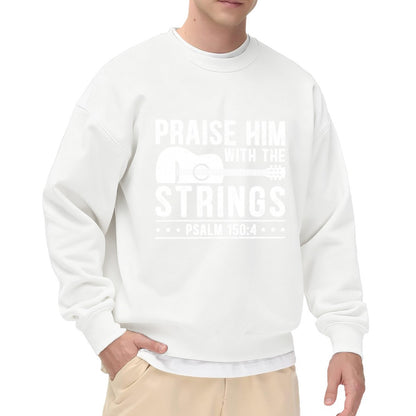 Black Crewneck Sweatshirt "Praise Him With The Strings" Guitar Graphic - Religious Music Statement Pullover for Men, Casual Oversized Long-Sleeve Top