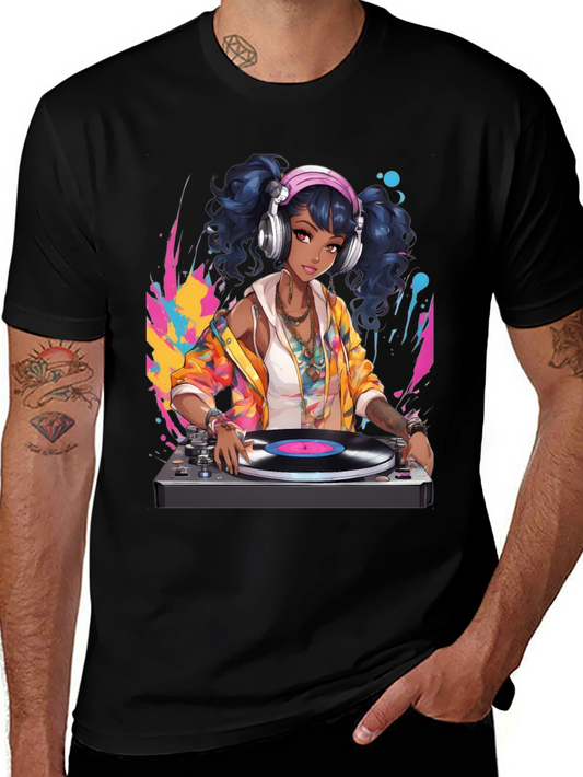 DJ Anime Girl Black T-Shirt