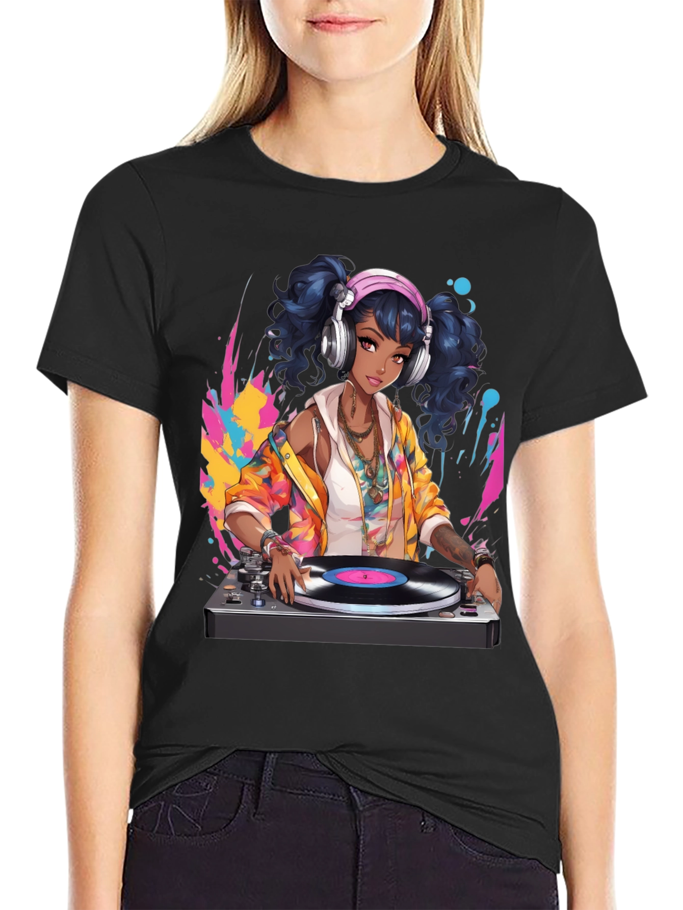 DJ Anime Girl Black T-Shirt