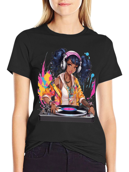 DJ Anime Girl Black T-Shirt