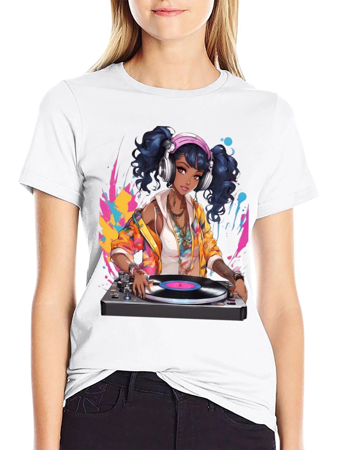 DJ Anime Girl Black T-Shirt