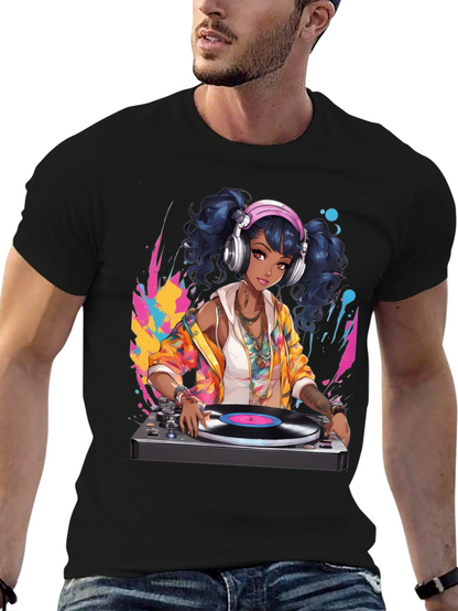DJ Anime Girl Black T-Shirt