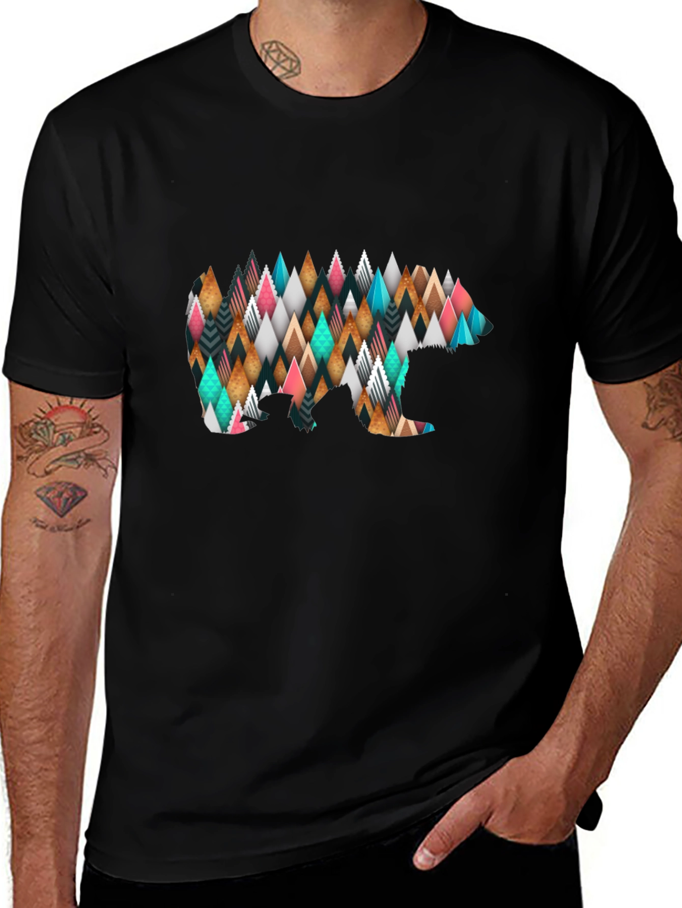 Geometric Bear Print Black T-Shirt