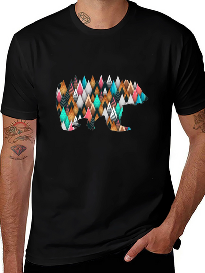 Geometric Bear Print Black T-Shirt