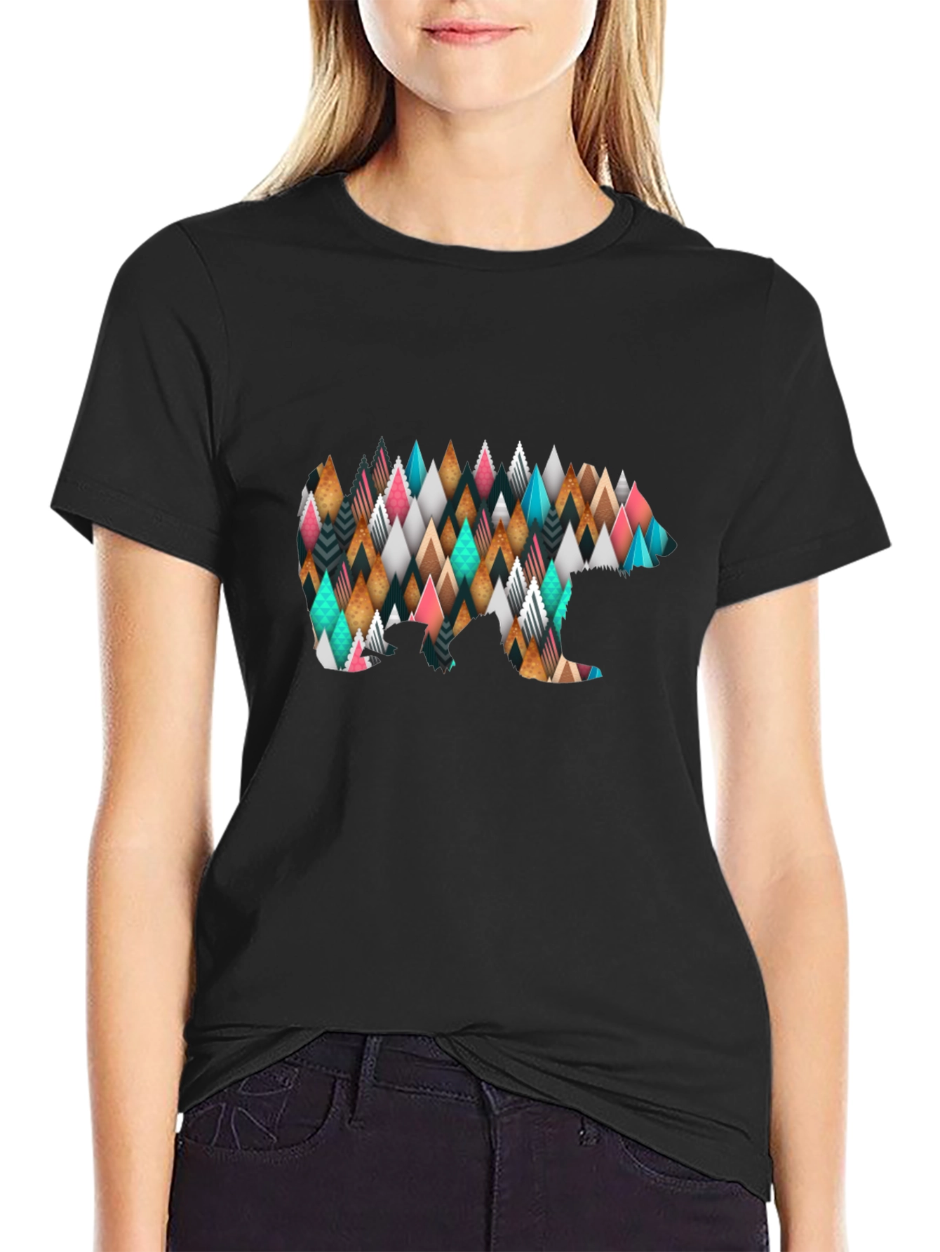 Geometric Bear Print Black T-Shirt