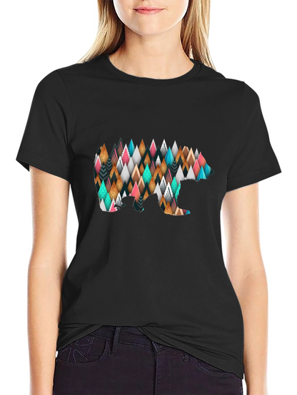 Geometric Bear Print Black T-Shirt