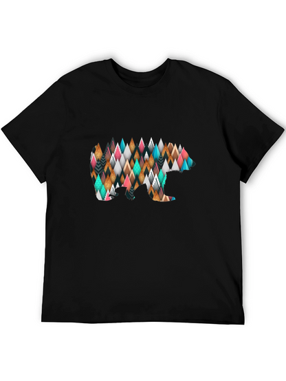 Geometric Bear Print Black T-Shirt