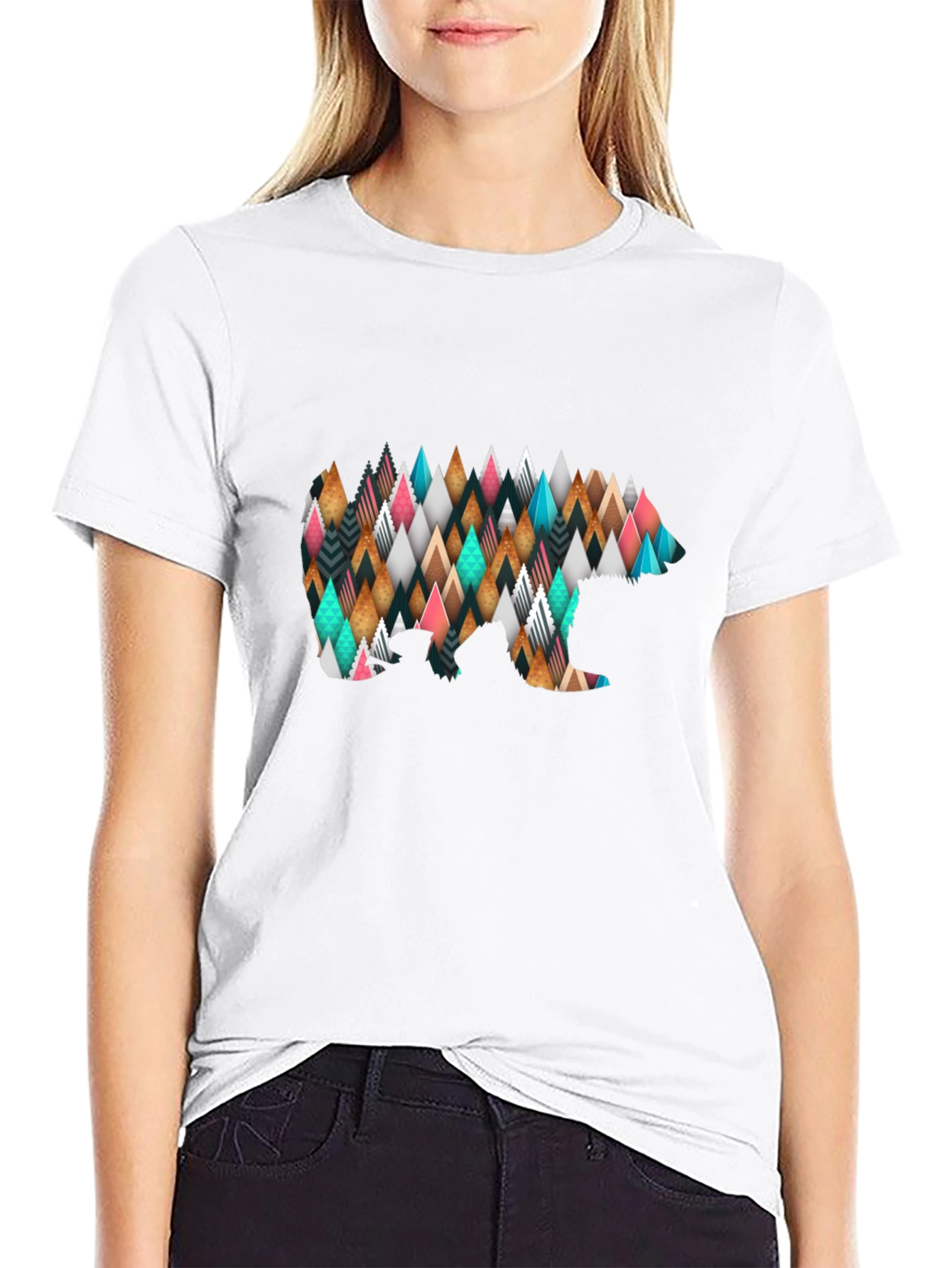 Geometric Bear Print Black T-Shirt