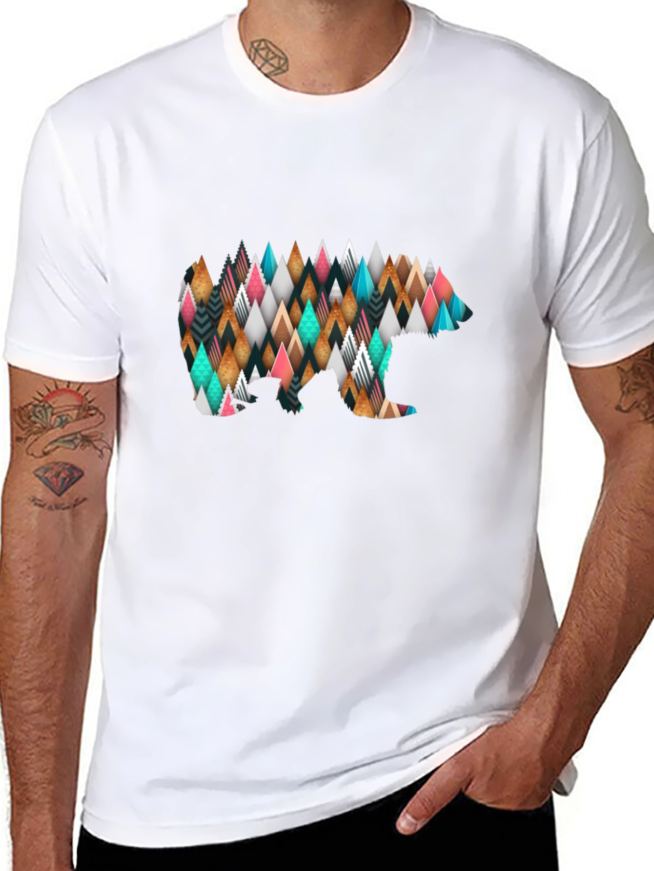 Geometric Bear Print Black T-Shirt