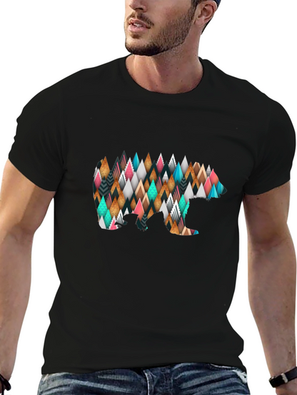 Geometric Bear Print Black T-Shirt