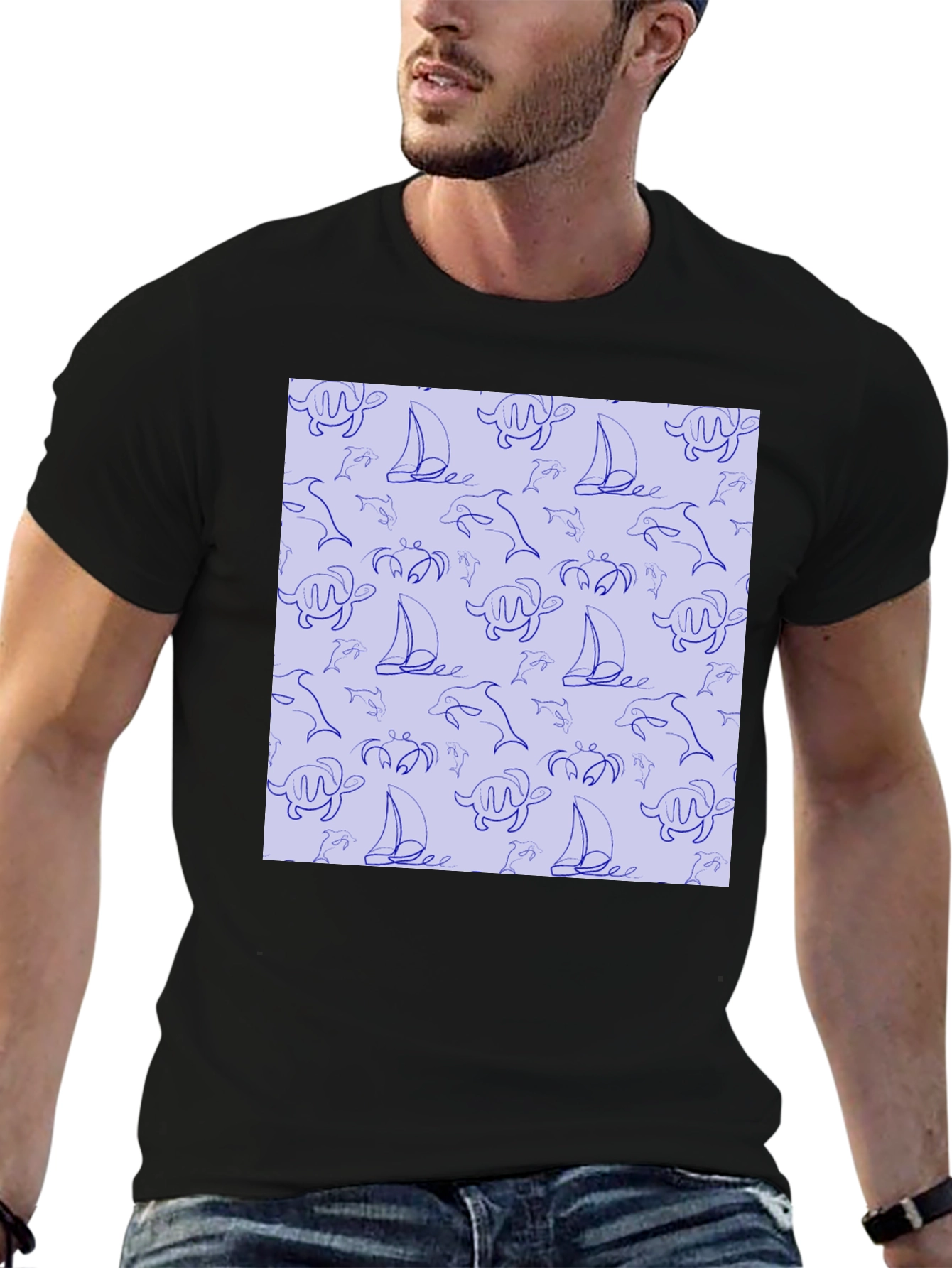 Nautical Print T-Shirt - Sea Life Pattern Tee