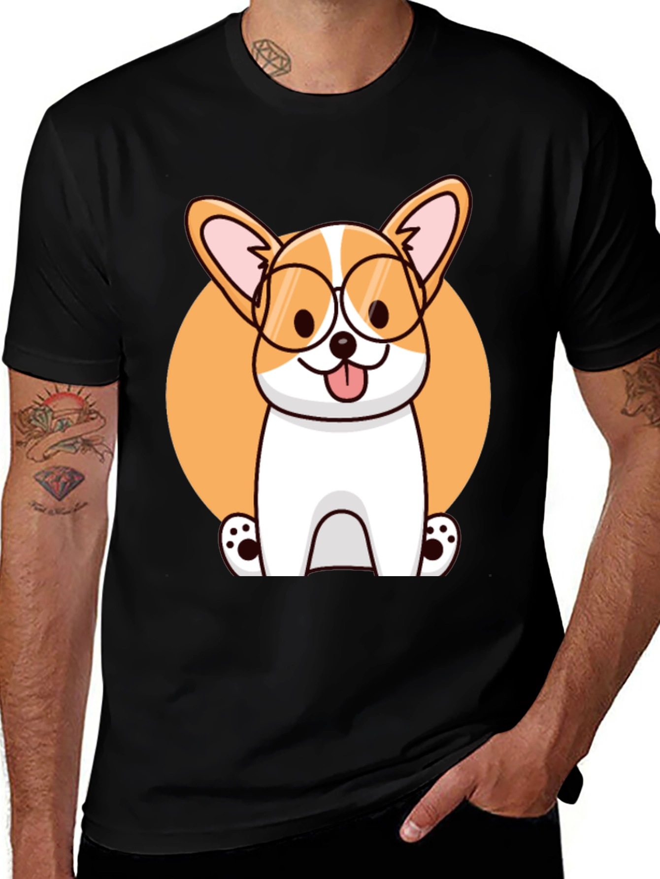 Corgi with Glasses Black T-Shirt