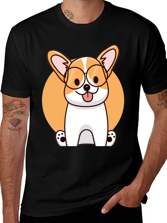 Corgi with Glasses Black T-Shirt