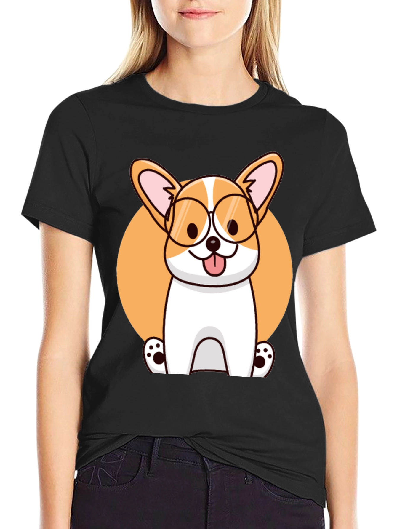 Corgi with Glasses Black T-Shirt