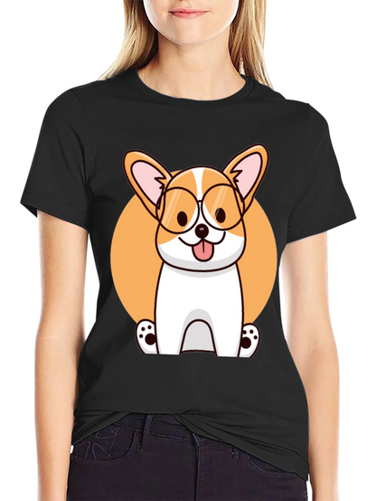 Corgi with Glasses Black T-Shirt