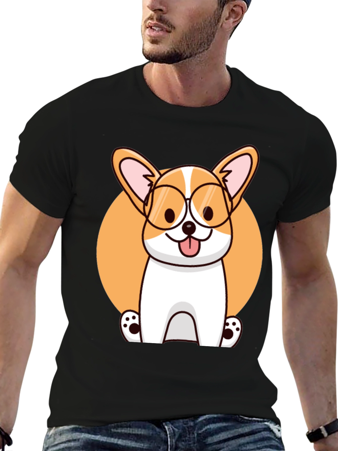 Corgi with Glasses Black T-Shirt