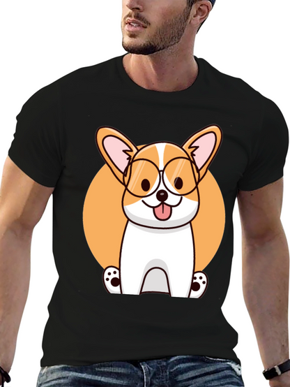 Corgi with Glasses Black T-Shirt