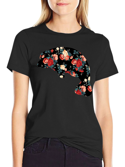 Floral Manatee Black T-Shirt - Unique Graphic Tee