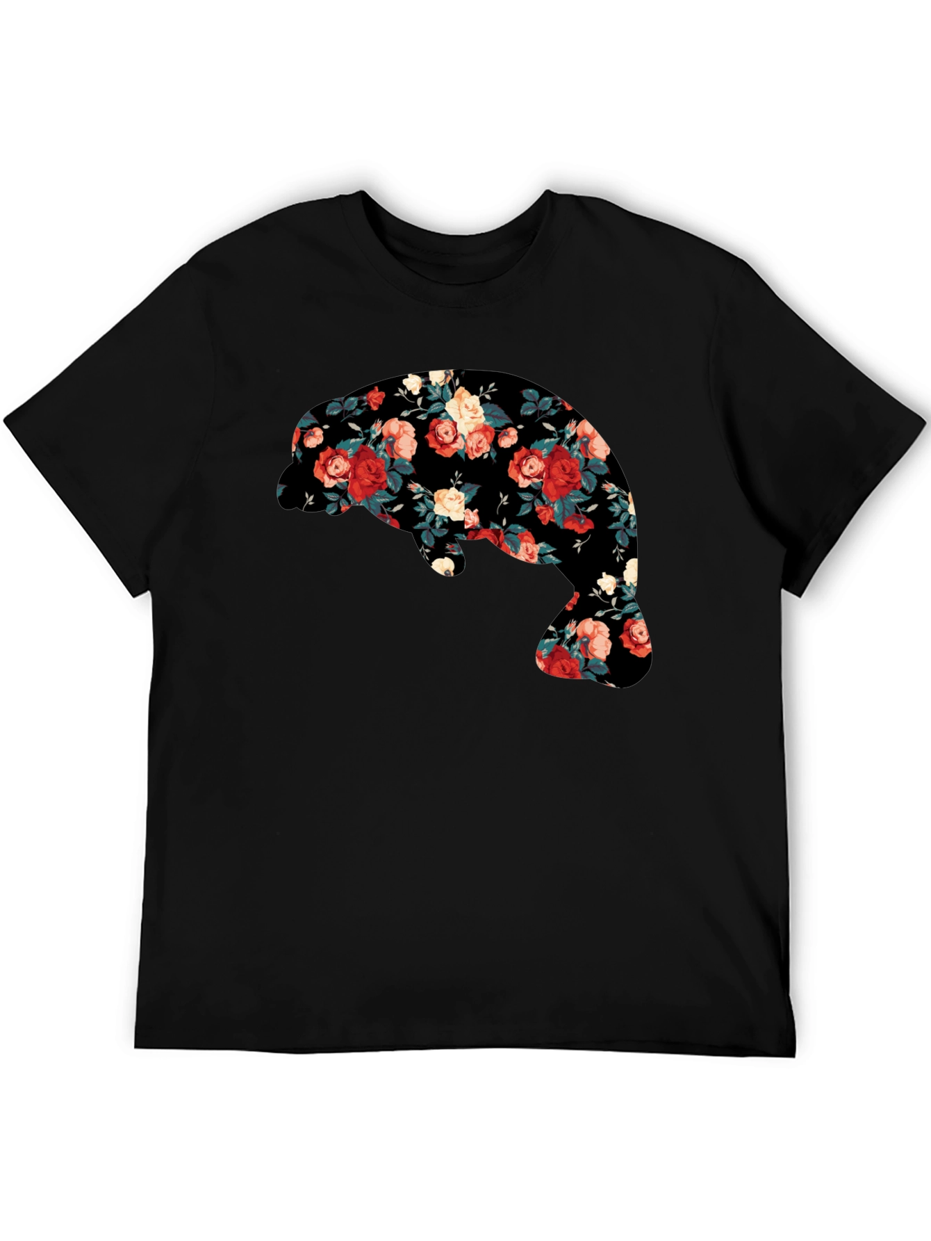 Floral Manatee Black T-Shirt - Unique Graphic Tee