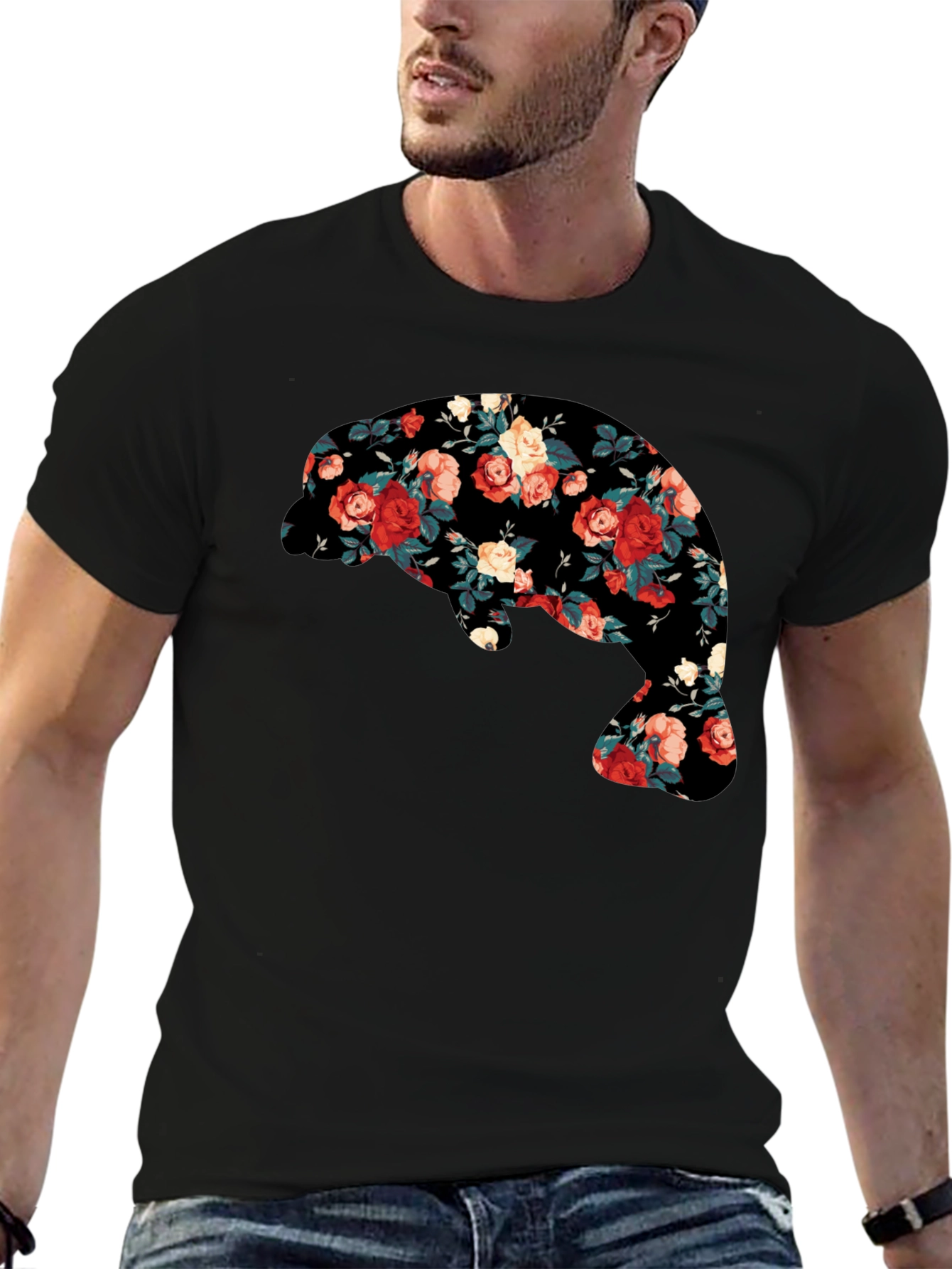 Floral Manatee Black T-Shirt - Unique Graphic Tee