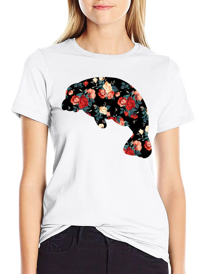 Floral Manatee Black T-Shirt - Unique Graphic Tee
