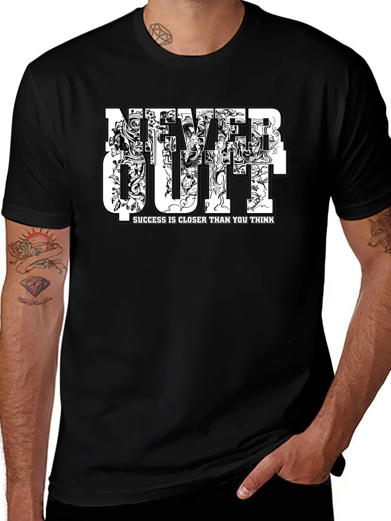 Never Quit Motivational Graphic Black T-Shirt