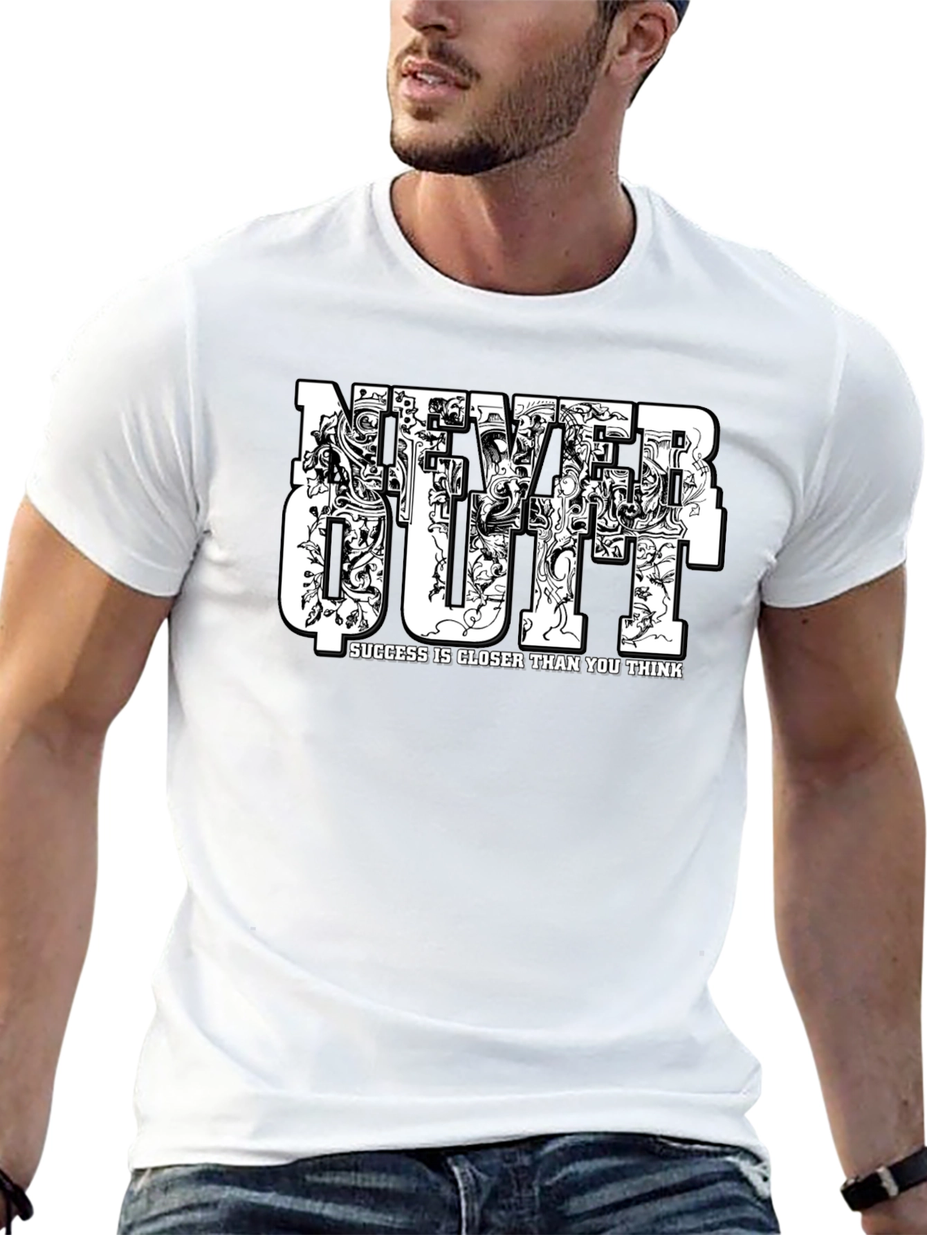 Never Quit Motivational Graphic Black T-Shirt