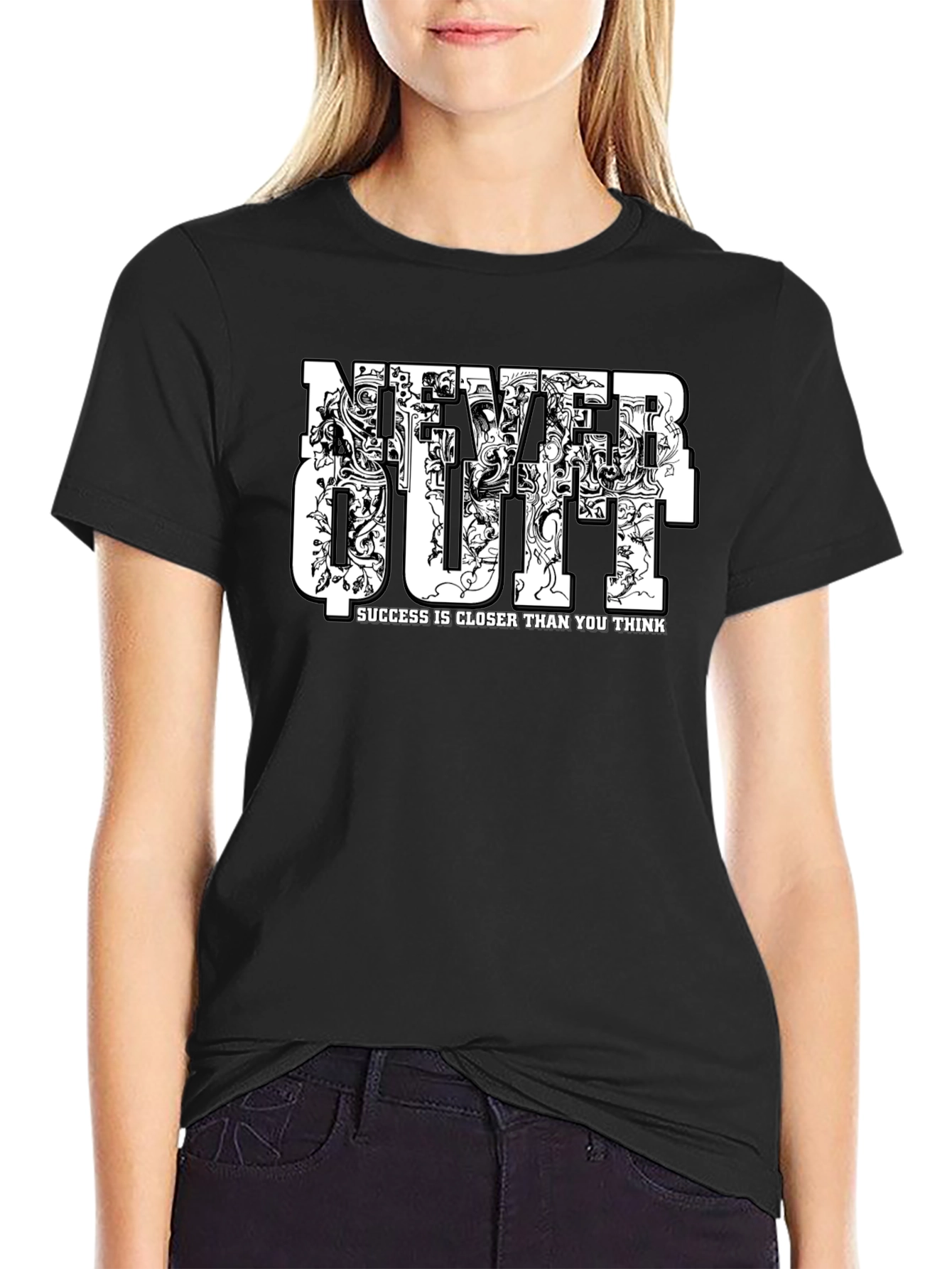 Never Quit Motivational Graphic Black T-Shirt
