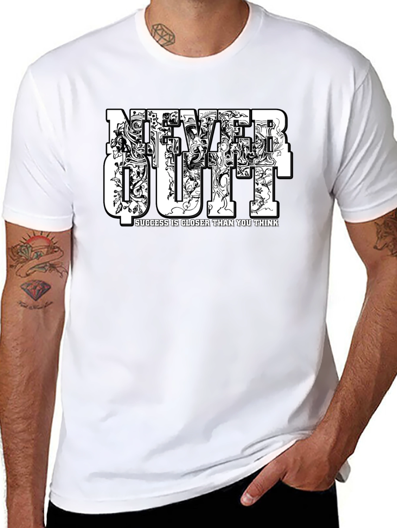 Never Quit Motivational Graphic Black T-Shirt
