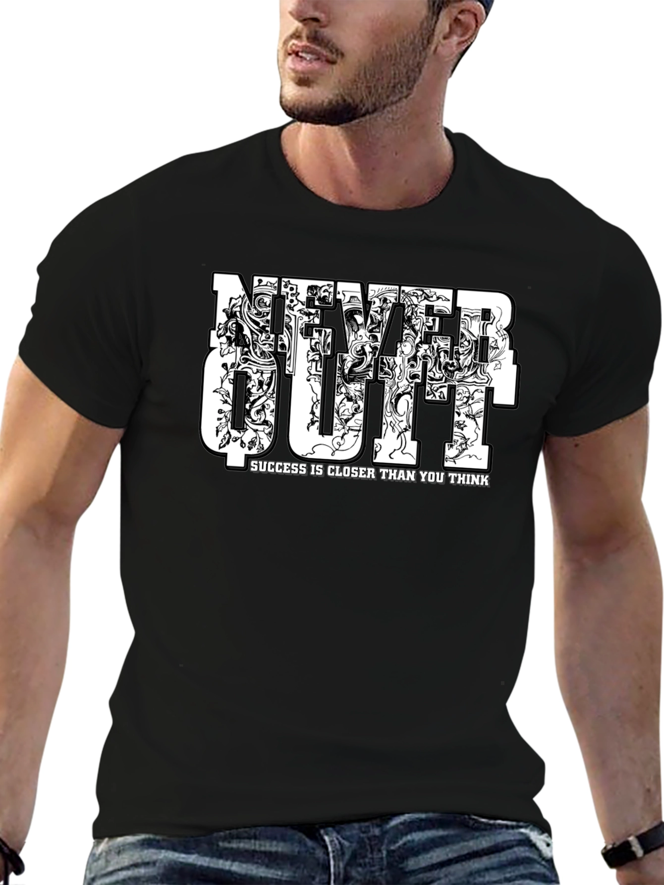 Never Quit Motivational Graphic Black T-Shirt