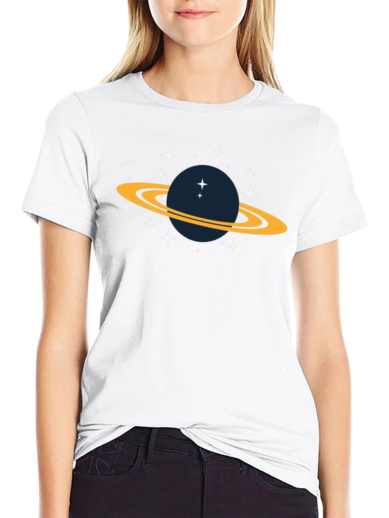 Space Saturn Graphic Tee - Black Cotton T-Shirt