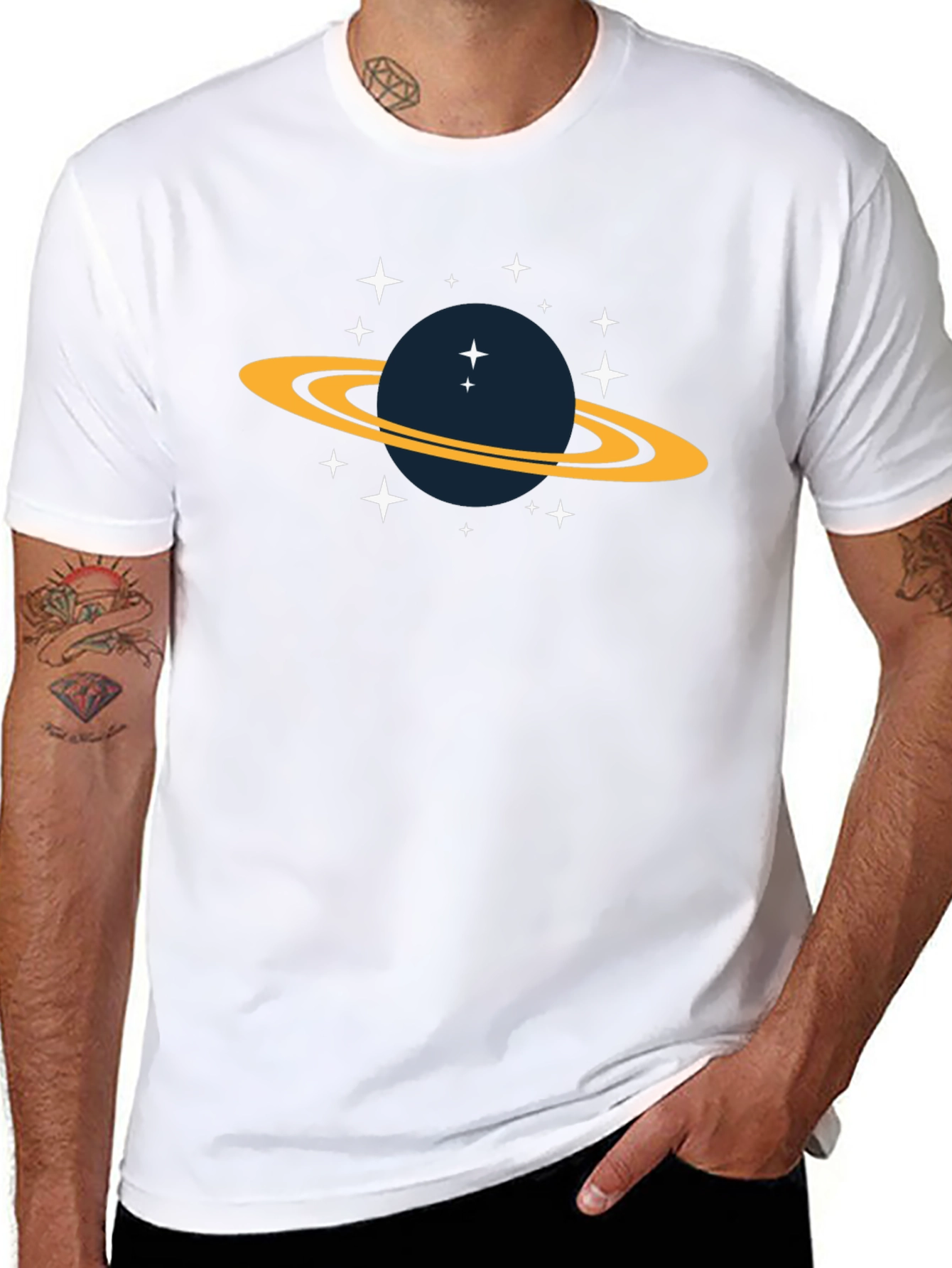 Space Saturn Graphic Tee - Black Cotton T-Shirt