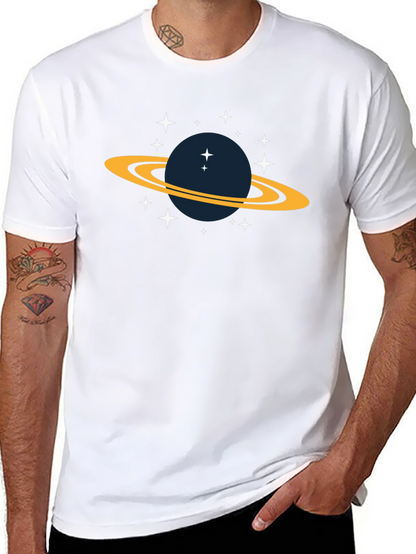 Space Saturn Graphic Tee - Black Cotton T-Shirt