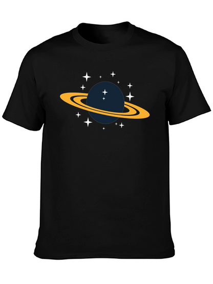 Space Saturn Graphic Tee - Black Cotton T-Shirt