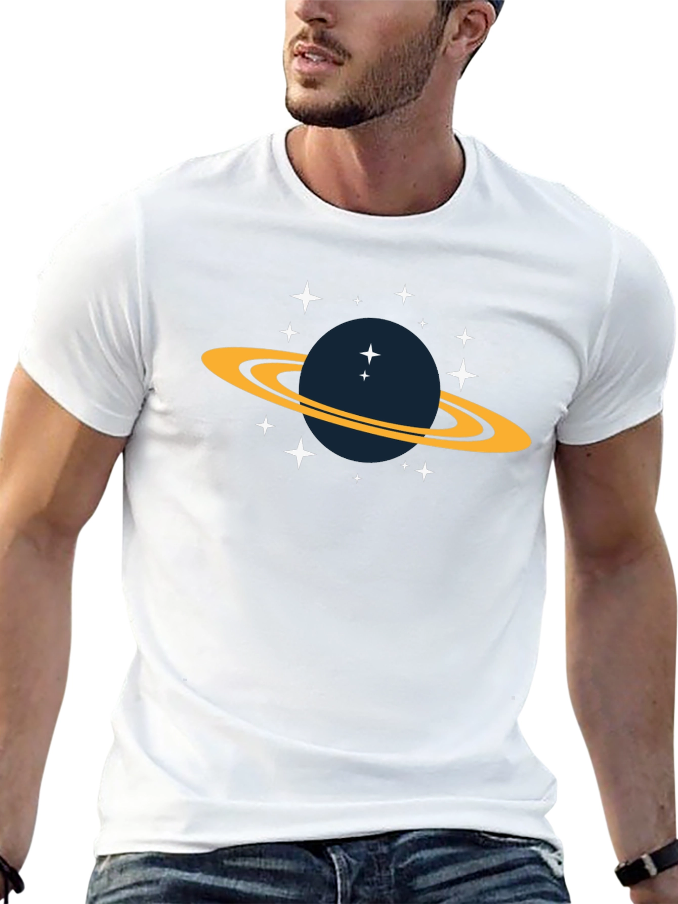 Space Saturn Graphic Tee - Black Cotton T-Shirt