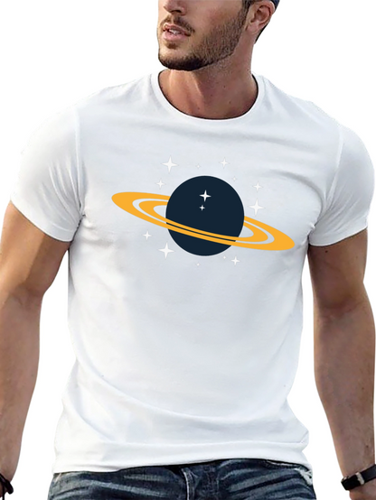 Space Saturn Graphic Tee - Black Cotton T-Shirt