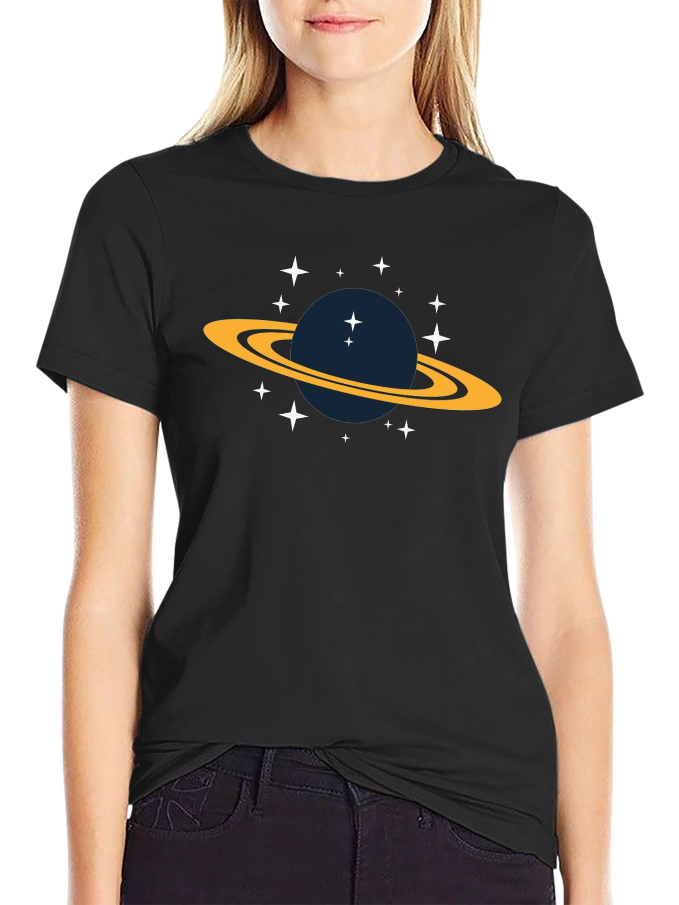 Space Saturn Graphic Tee - Black Cotton T-Shirt