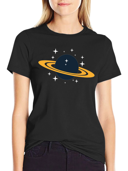 Space Saturn Graphic Tee - Black Cotton T-Shirt