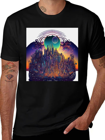 Surreal Cityscape Graphic Tee - Unique Black T-Shirt