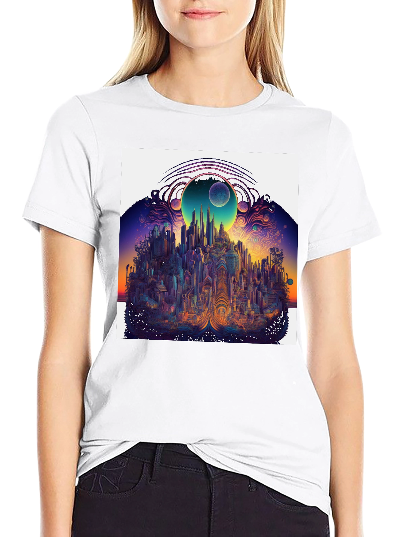 Surreal Cityscape Graphic Tee - Unique Black T-Shirt