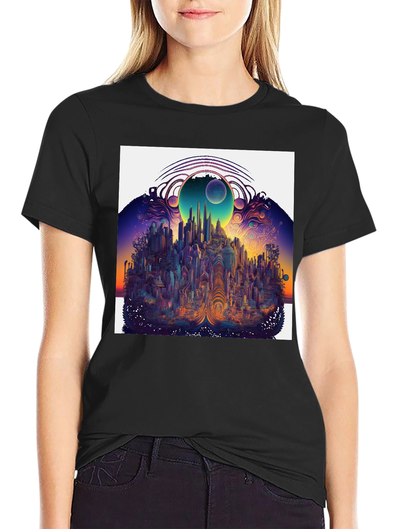 Surreal Cityscape Graphic Tee - Unique Black T-Shirt